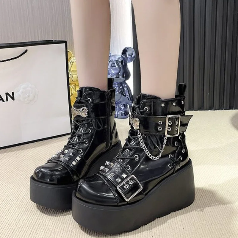 Женские ботинки на танкетке повседневные в стиле панк платформе и каблуке размер