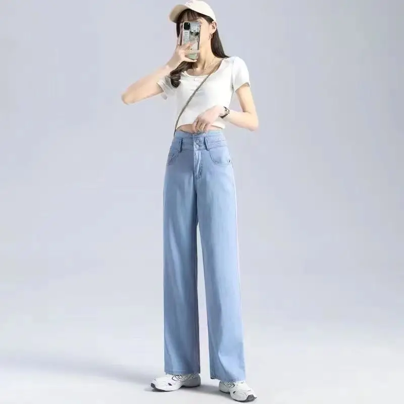 New Straight Jeans Women Summer Ice Silk Blue Denim High Waist Stretch Fashion Pocket Trousers Solid Color Wide Leg Washed Jean
