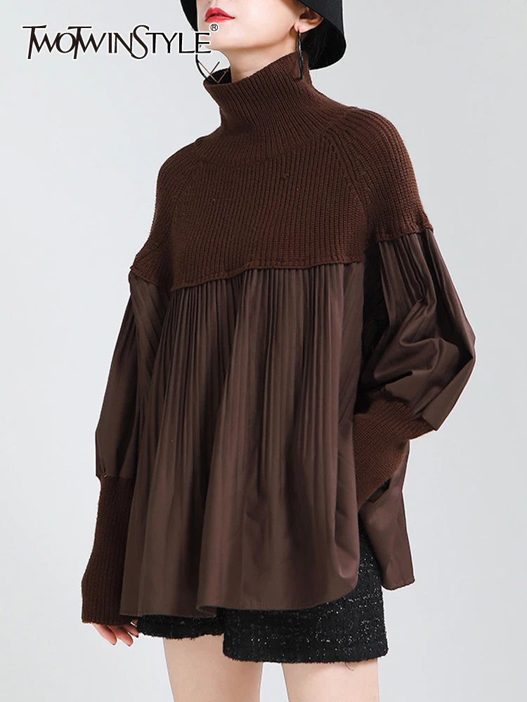 

TWOTWINSTYLE Solid Loose Knitting Sweaters For Women Turtleneck Puff Sleeve Patchwork Folds Temperament Sweater Female Fashion
