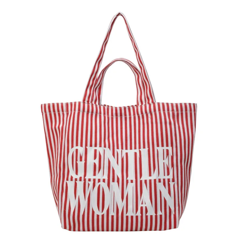 Холщовая сумка на плечо в красно-белую полоску женская с буквенным принтом