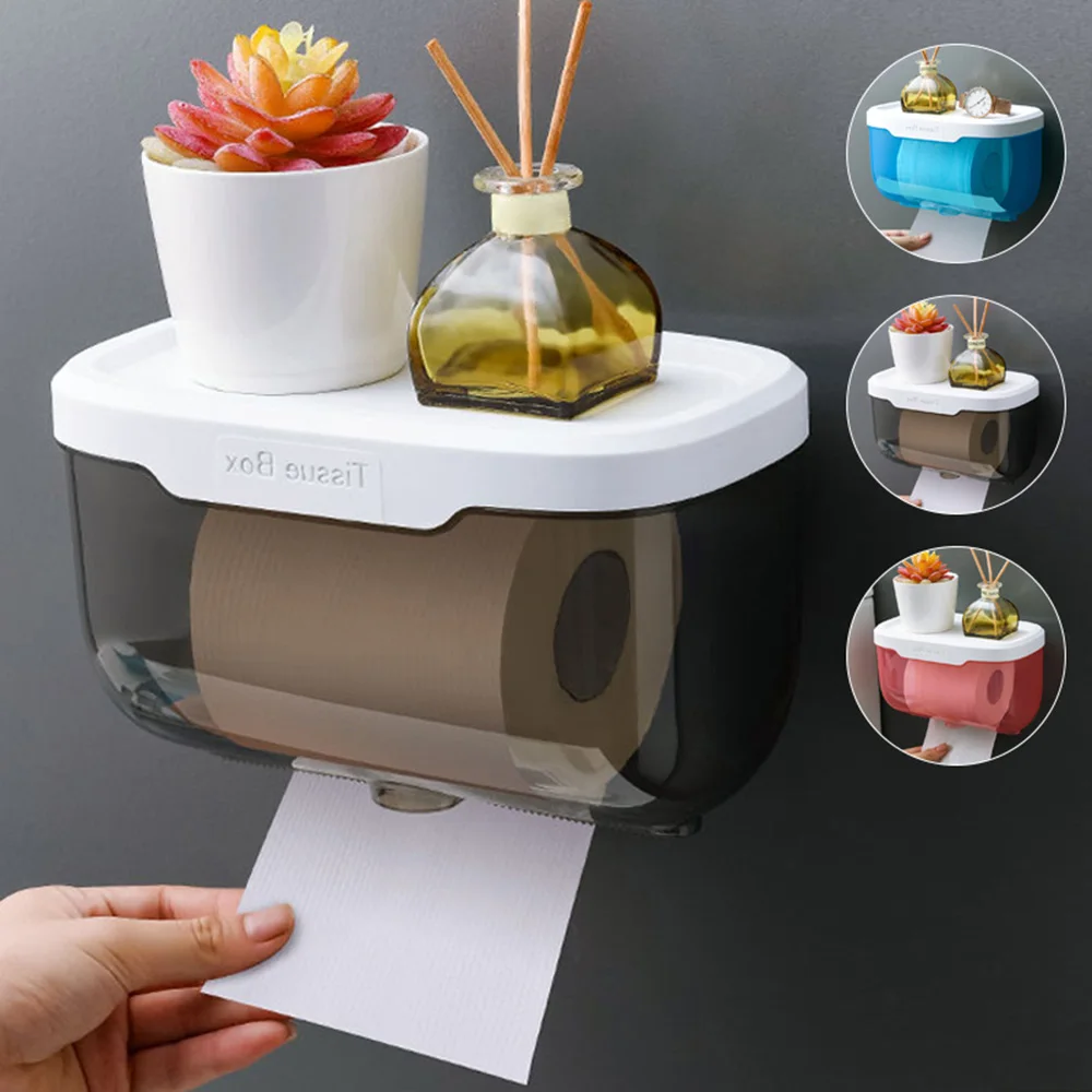 

Wall-mounted Paper Roll Storage Box Punch-free Toilet Paper Holder Rack Bathroom Tissue Box Waterproof Towel Paper Organizer