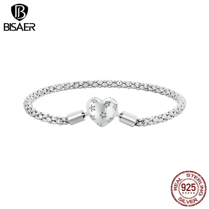 

BISAER 100% 925 Sterling Silver Simple Heart Basic Bracelet CZ Plated Platinum Charms Bracelets For Women Fine Jewelry EFB135