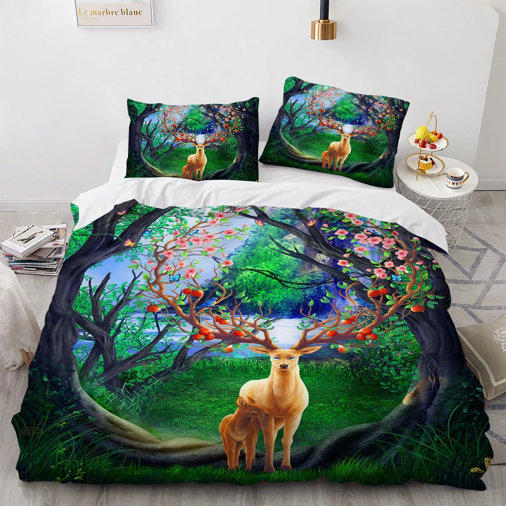 

Cartoon Elk Duvet Cover King Queen Size Pattern Bedding Set for Teens Adults Wild Buck Quilt Cover with Pillowcase Golden Deer