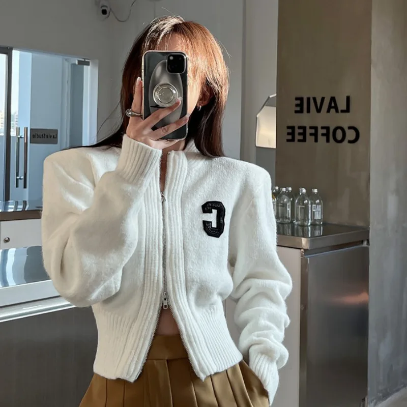 

Sweaters Women Autumn Sueters De Mujer Casual Stand Letter Cardigan Women Long Sleeve Double Zipper Knit Jacket Short Embroidery