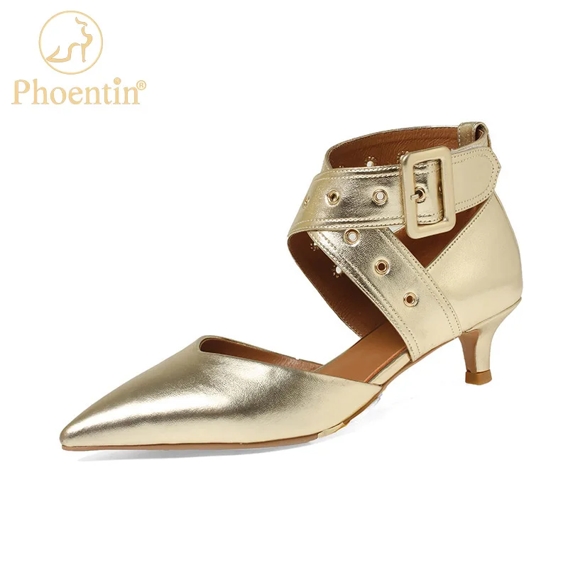 

Phoentin Women's Genuine leather Pointed Toe Sexy Ankle Strap middle pumps kitten Heels shoes gold Silver party Pumps FT2271