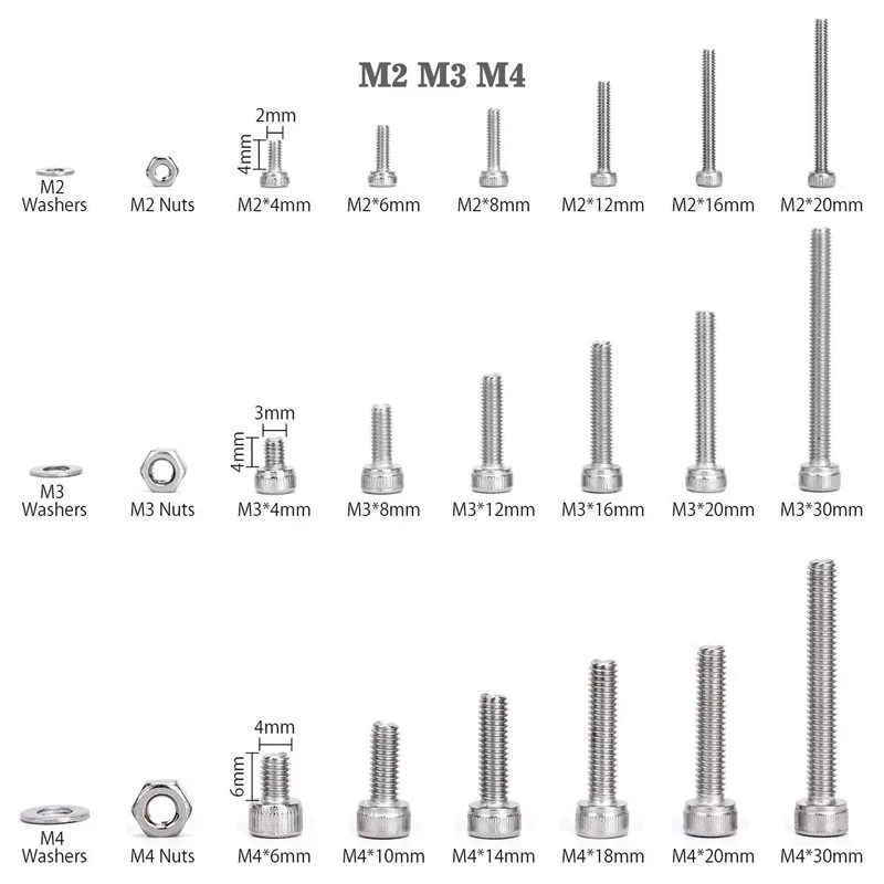 Набор винтов с шестигранной головкой M2 M3 M4 1080 шт. из нержавеющей стали плоской