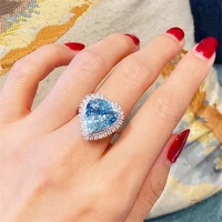 luxury cubic zirconia blue crystal love heart open rings for women 2022 new creative party jewelry wholesale