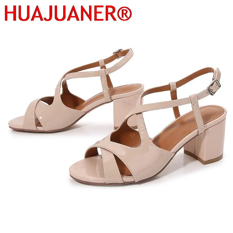 

Solid Color Thick Heeled High Heels for Women's 2023 New Round Toed Patent Leather Back Buckle Fashion Sandals Women Sandals