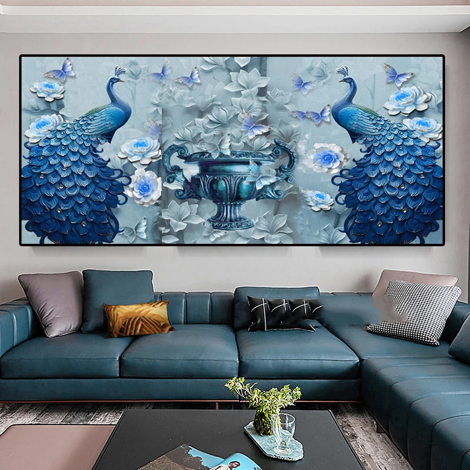 

Алмазная 5d картина с павлином и цветком, мозаика ручной работы большого размера для гостиной, Простой Вышивки крестиком, домашний декор R369