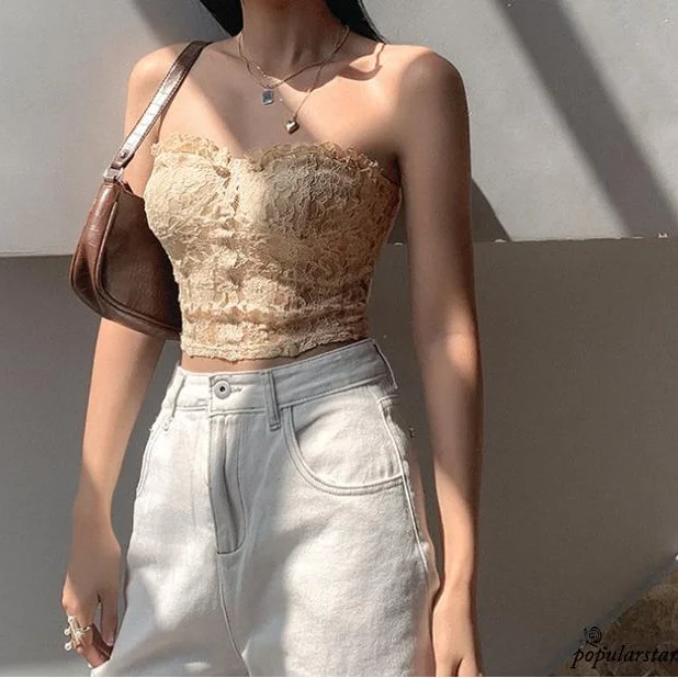 

Women Sexy Lace Mesh See-through Tube Top Fashion Off Shoulder Backless Tops