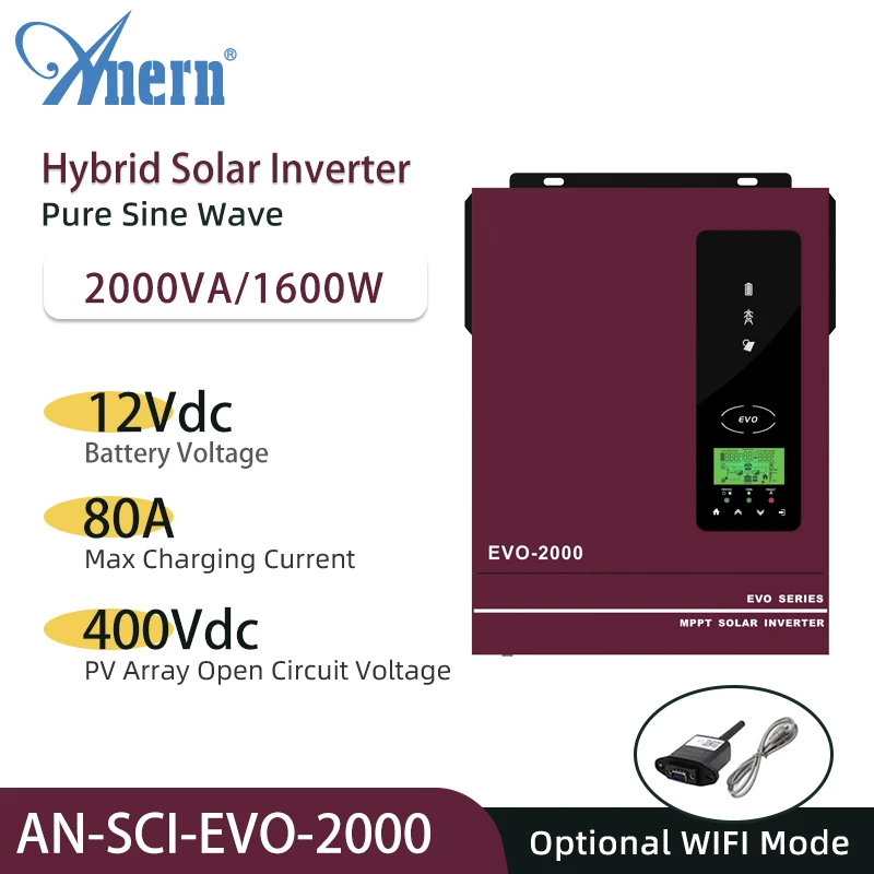 

Anern 1.6KW 3KW Hybrid Inverter Off Grid Inverter 12v 230v Pure Sine Wave 24v Built In MPPT 80A Solar Charger Max PV 400VDC