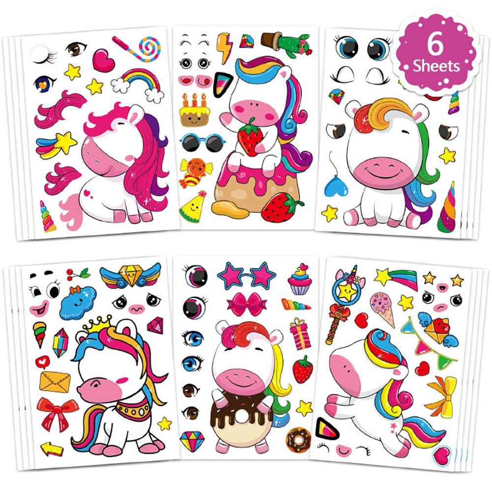 

6/12Sheets Make a Face Puzzle Stickers Kids Make Your Own Unicorn Children DIY Assemble Jigsaw Game Education Toys Party Gifts