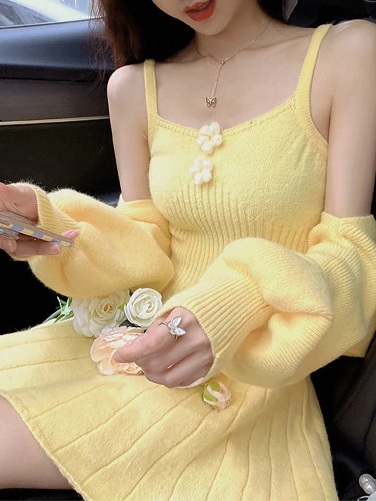 

Faymusty Mini Dress Yellow Knit Puff Sleeve Two-Piece Fairy Sweaters Women Winter Party Night Dresses Ladies 2022 Kawaii Sets