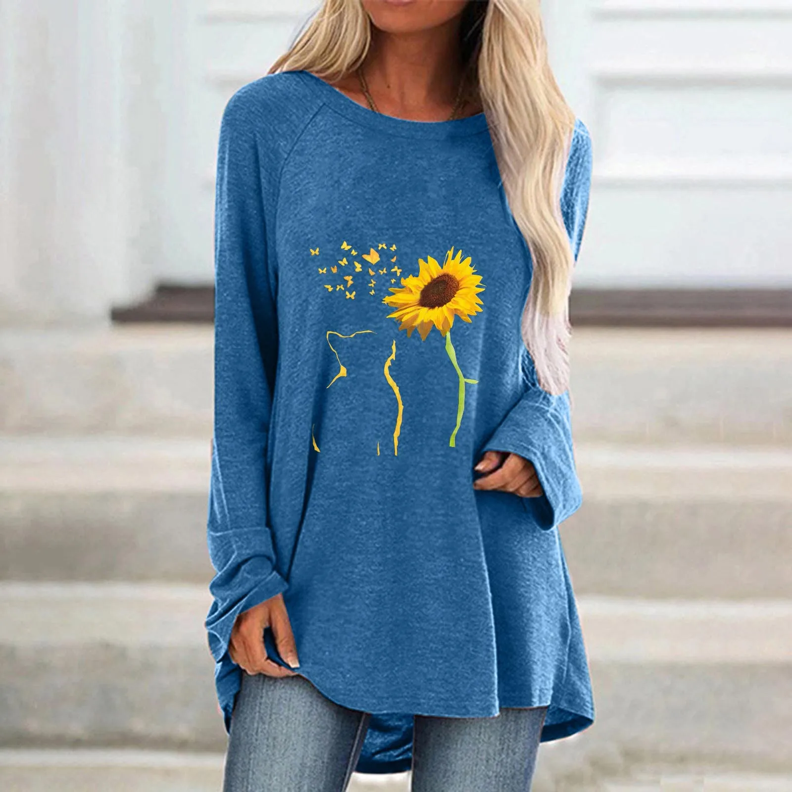 

Womens Casual Crew Neck Raglan Sunflower Printing Long Sleeve Tshirts Blouse Top Sport T Shirts Women