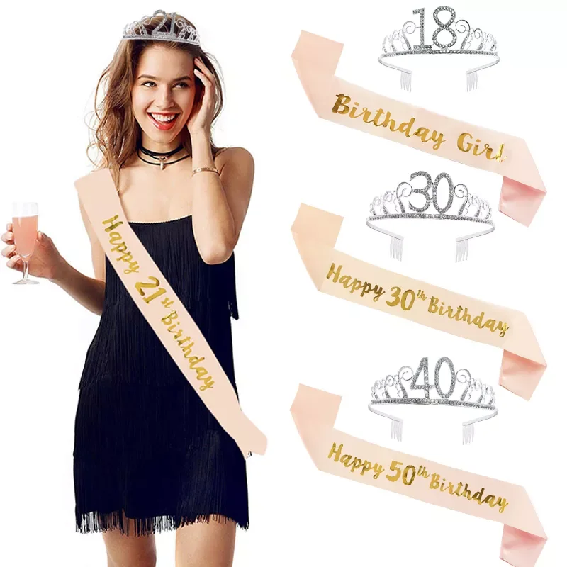 

Birthday Party Decoration 18 21 30 40 50 Rose Gold Satin Sash Crystal Crown Tiara Happy Birthday Anniversary Party Supplies