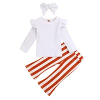 toddler kids casual fashion outfits autumn spring ruffles long sleeve topsstripes flared pants and headband 3pcs for baby girls
