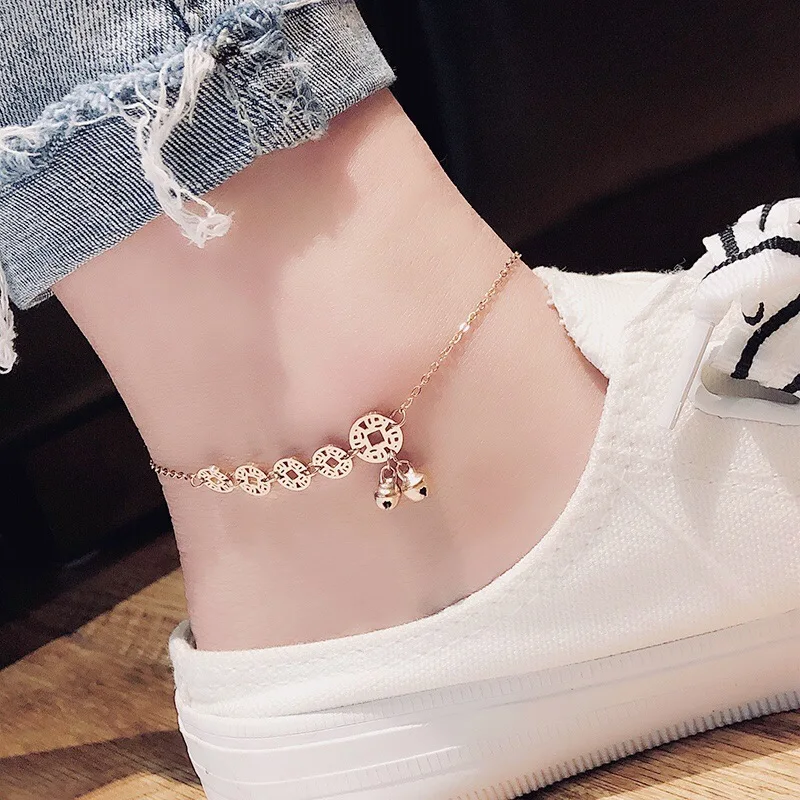 

China Vintage Coin Bell Anklet Titanium Steel Fashion Rose Gold Lucky Sexy Foot Jewelry Anklet Chain Pendant Party Birthday Gift