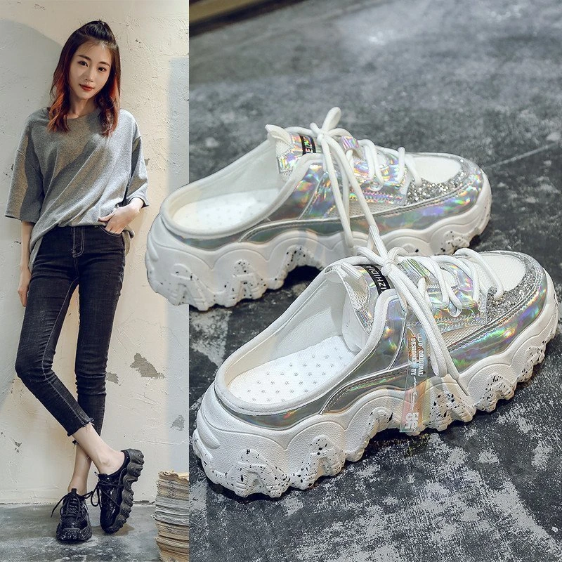 

Women's shoes Baotou half slippers 2022 new fashion platform shoes women's sports shoes black summer lace-up casual shoes