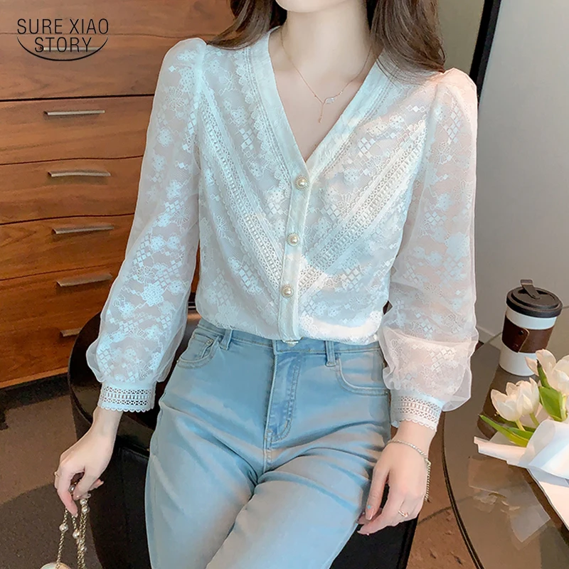 

Spring Elegant Mesh White Lace Blouse Fashion Hollow Female Tops French V-Neck Long Sleeve Lady Chiffon Shirt Mujer Blusas 22731