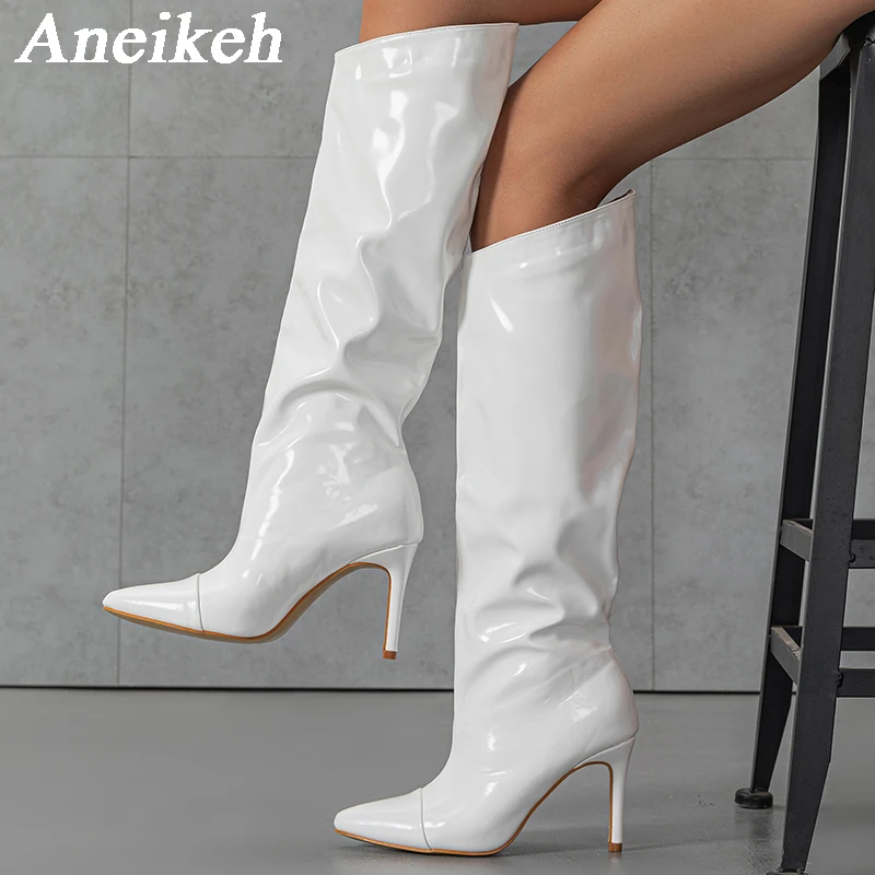 

Aneikeh NEW Spring Knee-High Boots Fashion Rome Solid Pointed Toe Sexy Pleated Patent Leather Thin High Heel Women's Party Pump