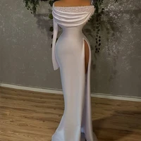 2022 prom dresses long sleeve off shoulder mermaid prom gown for women luxury pearls beading high slit sexy evening dress