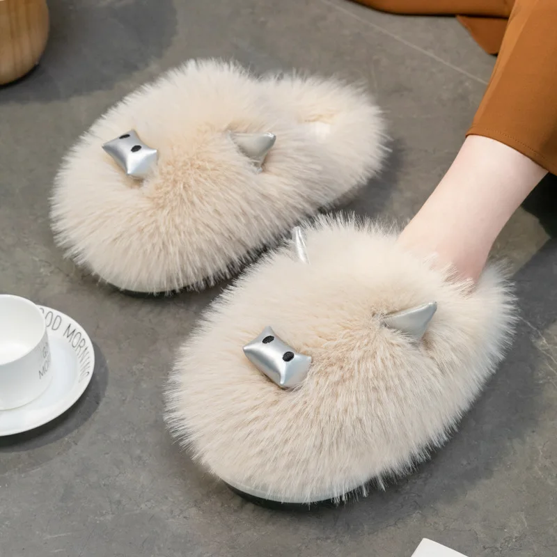 

Cute Cattle winter plush slippers Women EVA soft cloud fuzzy slippers Home indoor wram faux fur furry platform shoes ladies 2022