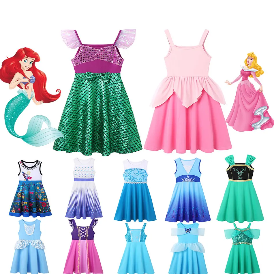 

Новое платье для девочек, платья Принцессы Disney Ариэль Рапунцель, детский летний костюм без рукавов, повседневный наряд Эльзы Энканто Исабел...
