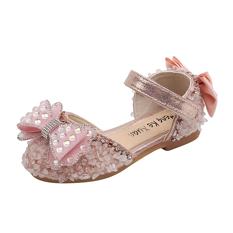 

Kids Sequined Princess Sandals Children Silver Pink Leather Shoes Wedding Party Girl Dance Performance Sandals with Back Bowknot