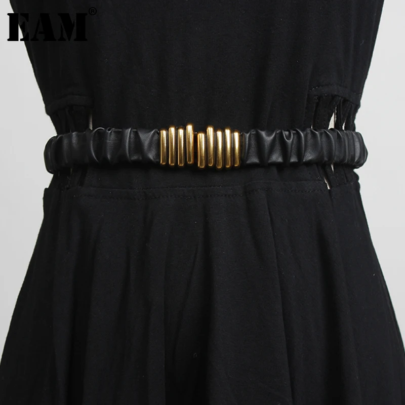 

[EAM] Pleated Decoration Balck Long Elastic Pu Leather Belt Personality Women New Fashion All-match Spring Autumn 2023 1DD3296