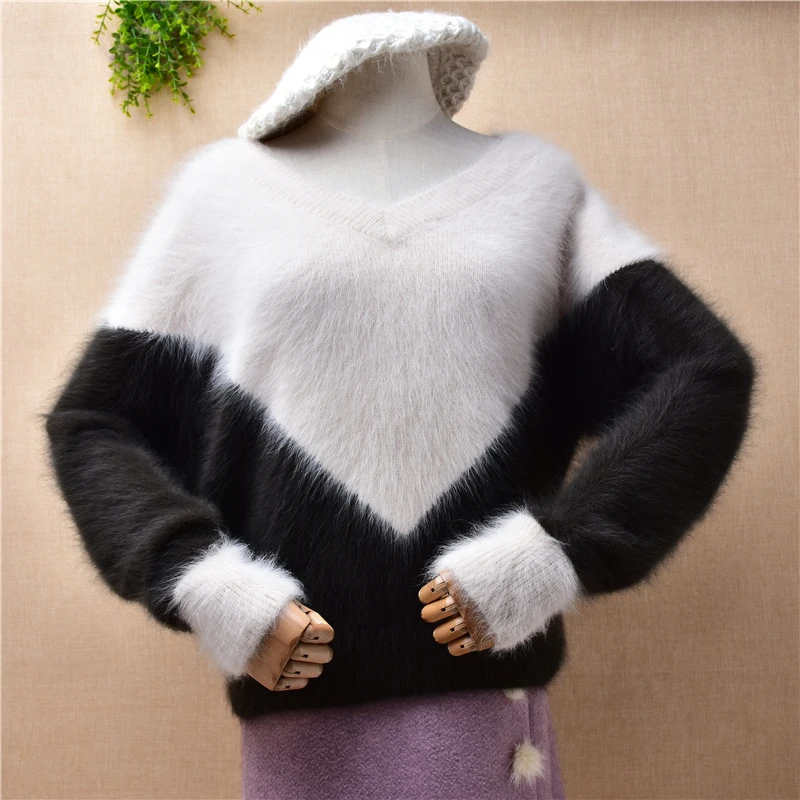 

female women autumn winter clothing hairy colored mink cashmere knitted v-neck loose pullover angora fur jumper sweater pull top