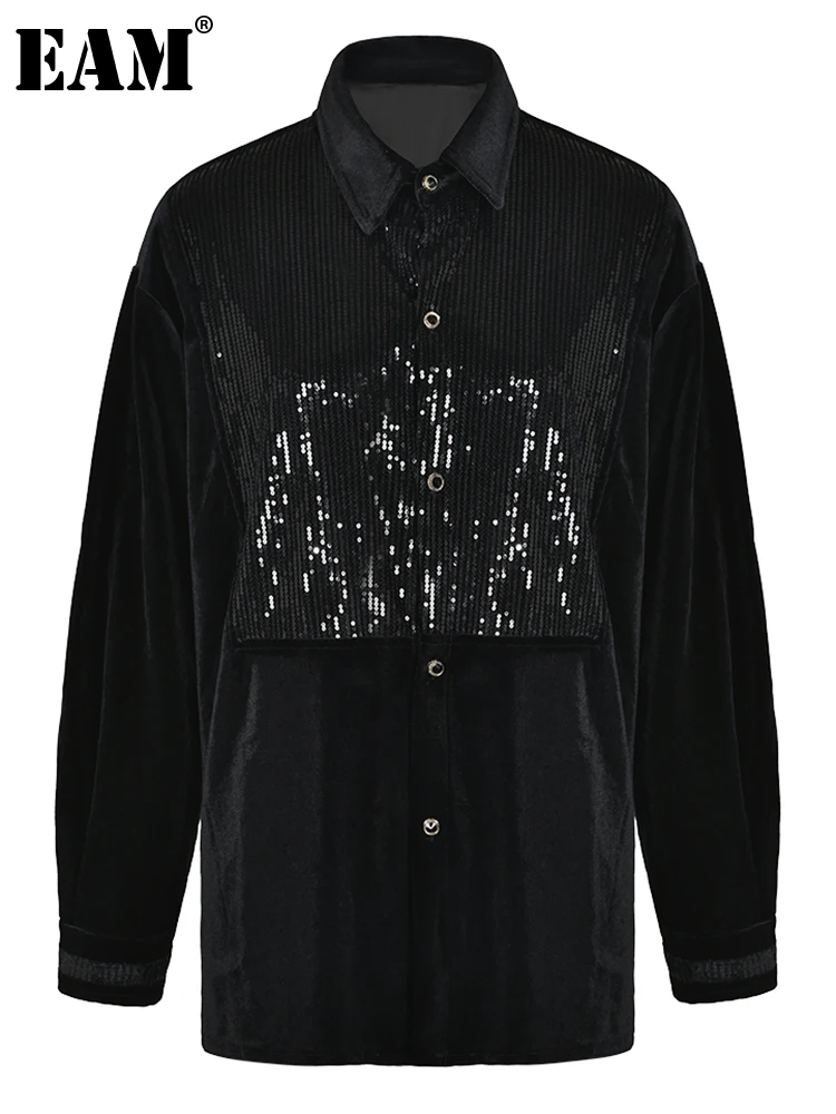 

[EAM] Women Black Velvet Sequins Big Size Blouse New Lapel Long Sleeve Loose Fit Shirt Fashion Tide Spring Autumn 2023 CPG0465