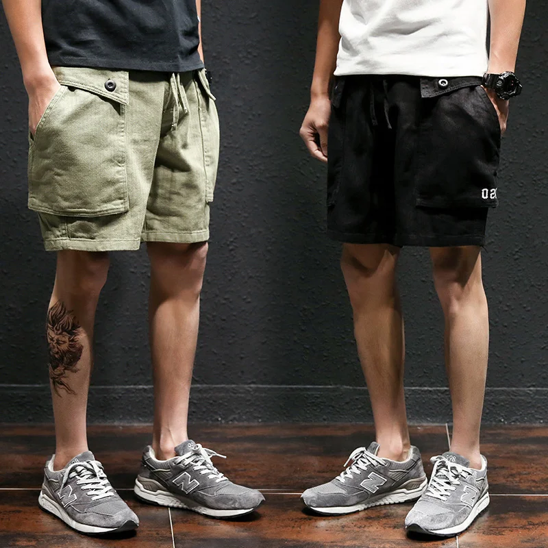 

Summer Japanese Harajuku Casual Shorts Men Hip Hop Modis Cargo Shorts Male Loose Kpop Solid Army Green Joggers Black Beach Pants