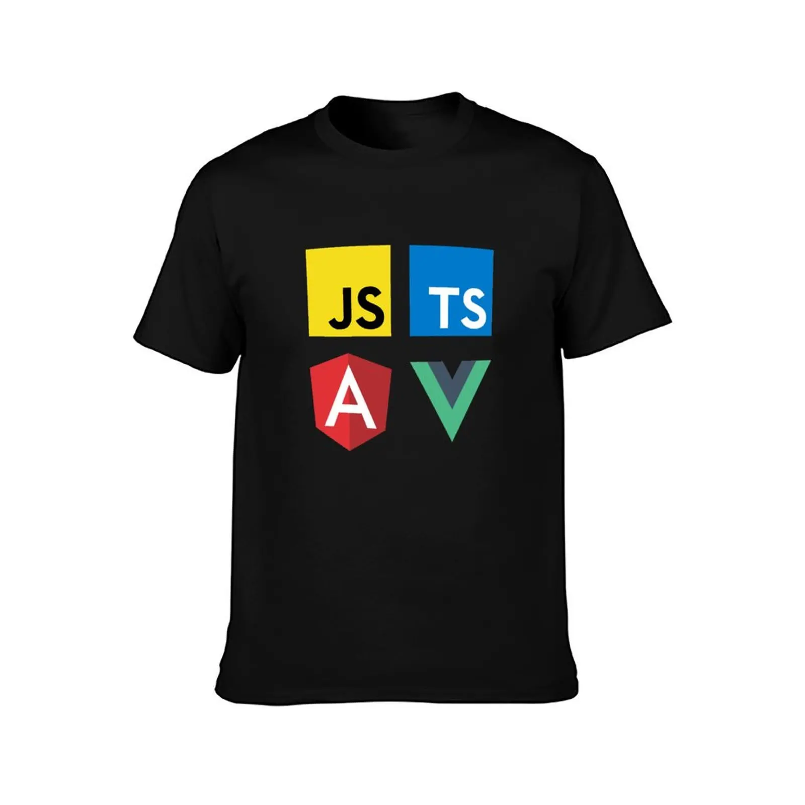 Фото Футболка больших размеров с надписью Vue, TypeScript, Angular and JavaScript (черная), универсальная футболка №2
