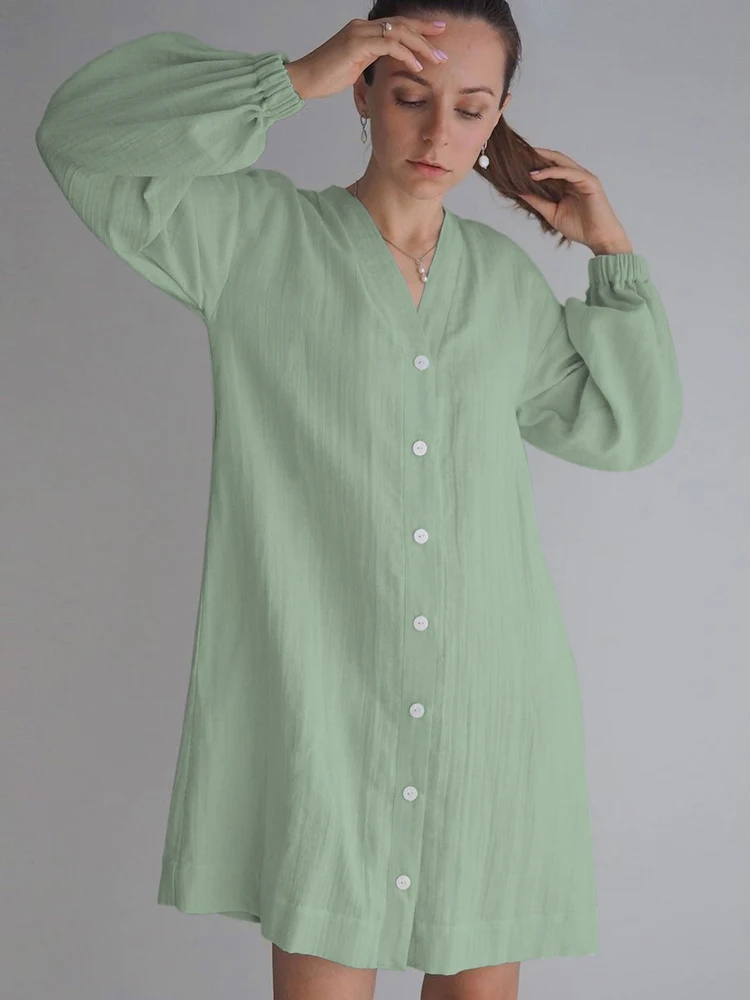 

Халат Linad женский хлопковый с длинным рукавом, пижама с V-образным вырезом и поясом, повседневный банный халат, однотонная одежда на пуговицах