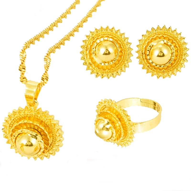 

24K Gold Ethiopia Traditional Latest Jewelry Set Dubai Necklace Earrings Eritrea Ring Women's Wedding Party Gift