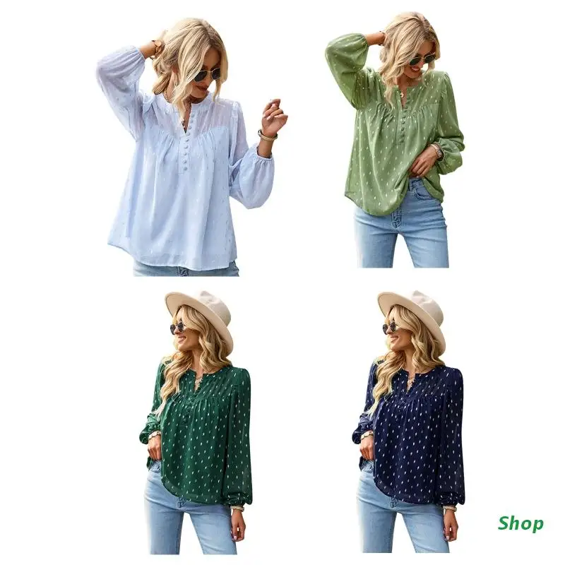 

L5YC Women's V Neck Top Women Crew Neck Bell Sleeve Dots Printed Blouse Babydoll Tops