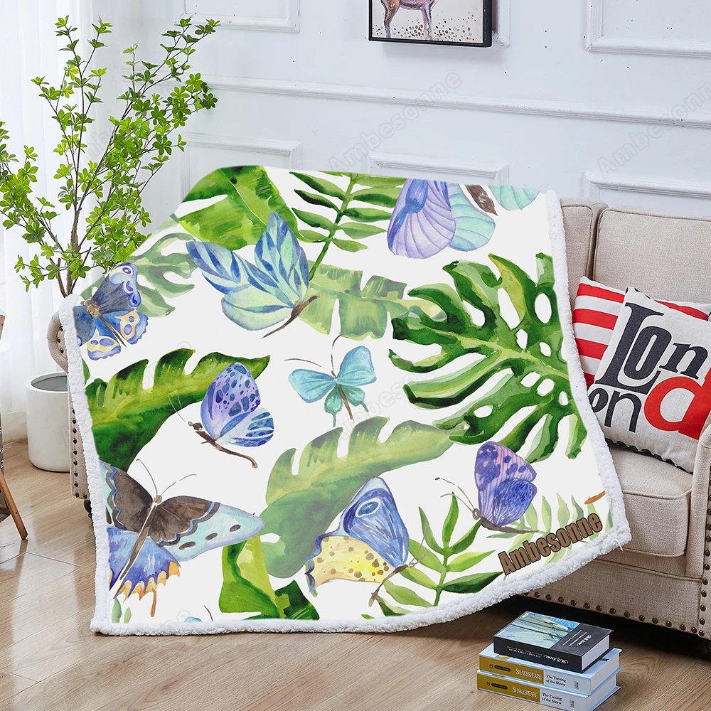

Одеяло с принтом в виде бабочек, диких насекомых и тропических листьев
