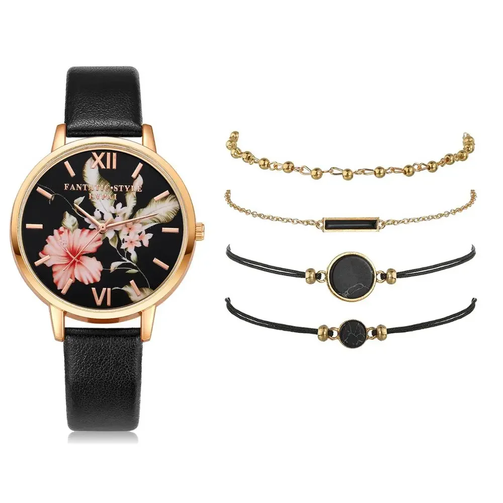 5pcs set Women Watches Bracelet Black Ladies Bracelet Watch Casual Leather Quartz Wristwatch Clock Relogio Feminino