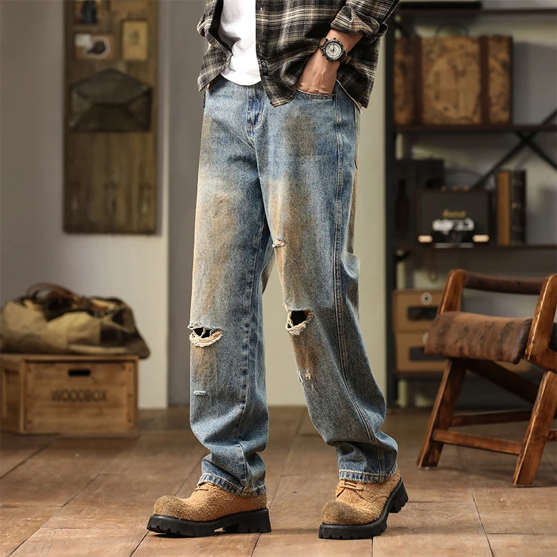 Осень и зима новинка 2024 винтажные рваные джинсы чтобы сделать старые модные