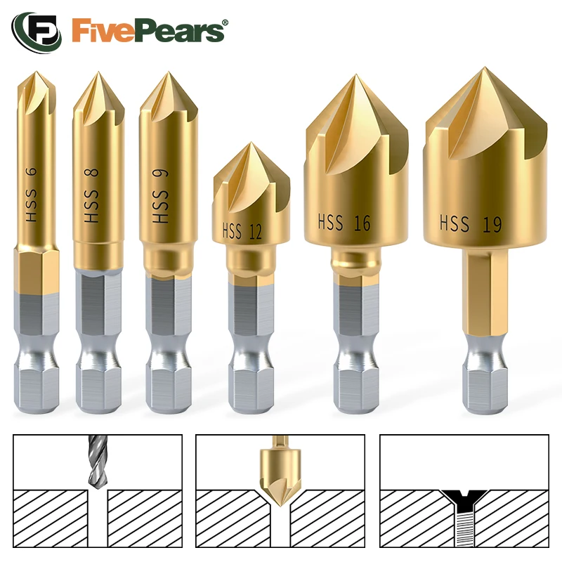 FivePears Countersink Drill Bit 6Pcs,Chamfer 90°,HSS，Suitable for Wood/Plastic/Aluminum Alloy,Woodworking Tools Countersink