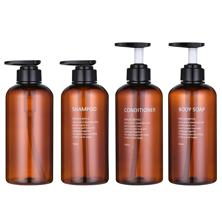 

500ml Shower Shampoo Dispenser with Printed Label Amber Refillable Shampoo Conditioner Body Wash Pump Bottle Despenser Container