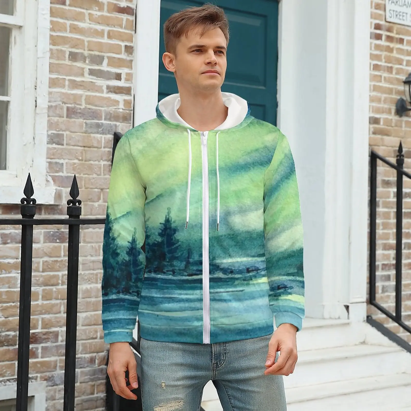 

Watercolor Sky Hoodie Lake Northern Lights Winter Hoodies Fashion Mens Zip Up Hoodie Mens Over Size