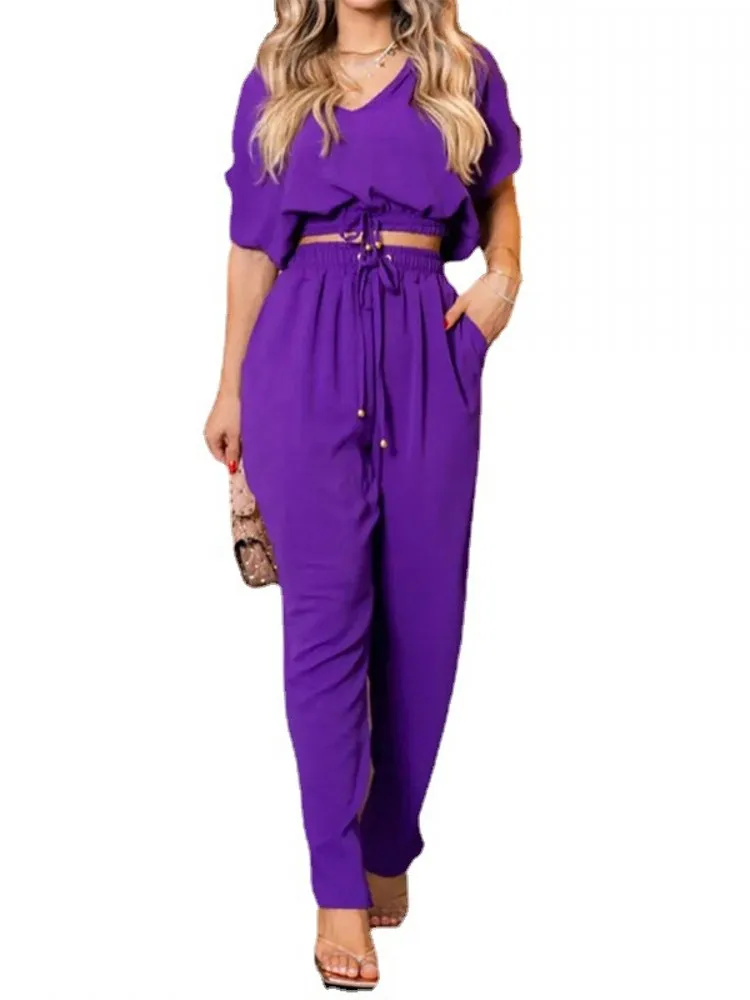 

Two Piece Set Women Batwing Sleeve Crop Tops And High Waist Pant Suits Sets Summer Fashion Solid Drawstring Loose Casual Outfits