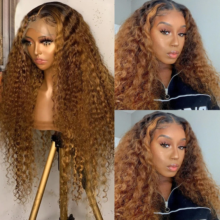 

Ombre Blonde Glueless Soft Preplucked 26 inch Long 200 Density Deep Kinky Curly Lace Front Wigs For Black Women Babyhair Daliy