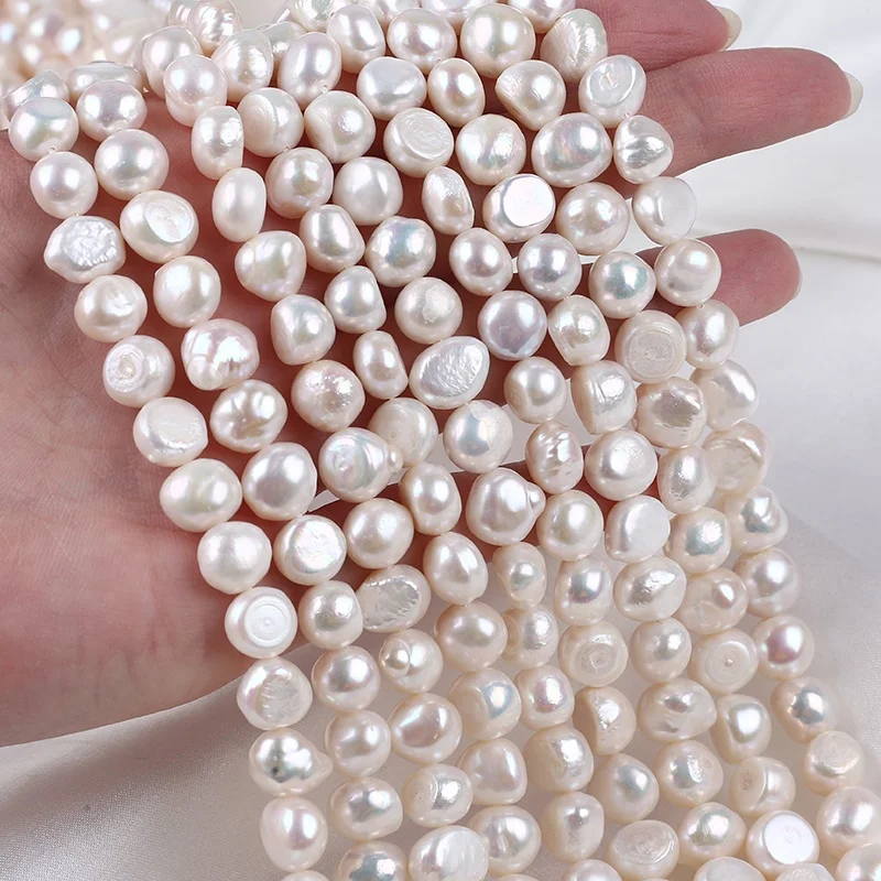 

9-10mm Natural White Freshwater Baroque Cultured Pearls Loose Side Drilled Beads Strand