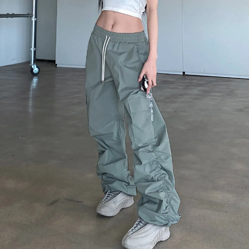 

Women Casual Simple Blue Gray Tone Pleated Pocket Straight Cargo Pants Spring Summer 2023 New Elastic Waist Loose Woven Pant
