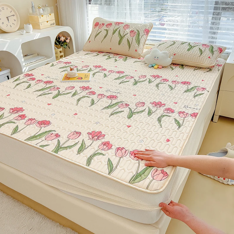 

Freshness Bedspread Double Latex Fitted Sheet Mattress Cover Flower Bedding Set Cozy All-Around Elastic Home Bed Linen Bed Cover