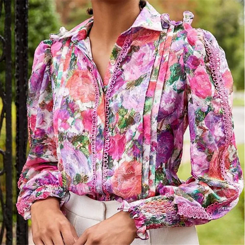 

Women's Blouse Elegant Floral Print Lace Shirt Lapel Cardigan Long Sleeves Autumn Spring New Fashion 2022 Ladies Top Female
