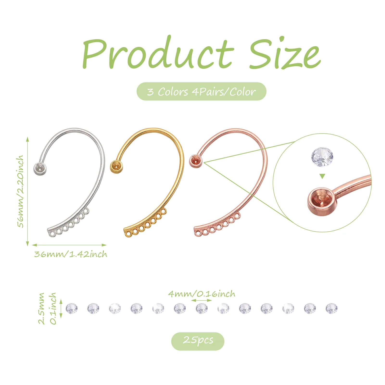 12Pairs Climber Wrap Around Earring Making Finding Kit Rhinestone Alloy Cuff Earring No Piercing for Women DIY Jewelry Supplies