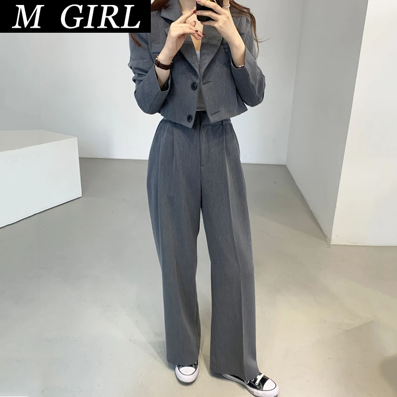 M GIRLS Autumn High Street Women Sets Korea Temperament French Lapel Two-Button Small Jacket High-Waist Casual Trousers Suit